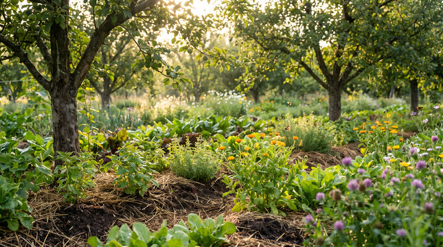 Fruit tree agroforestry system with vegetable crops and healthy soil