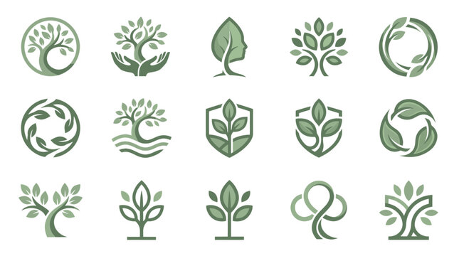 Collection of diverse tree and leaf logos symbolizing nature, growth, and environmental protection.