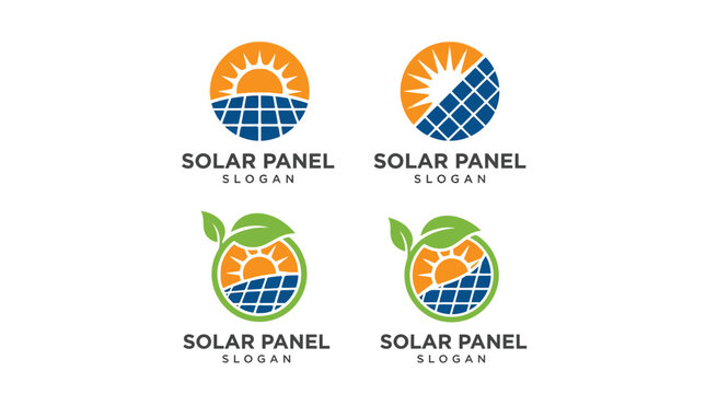 Minimalist solar panel logo set featuring circular sun icons with blue grids and green leaves