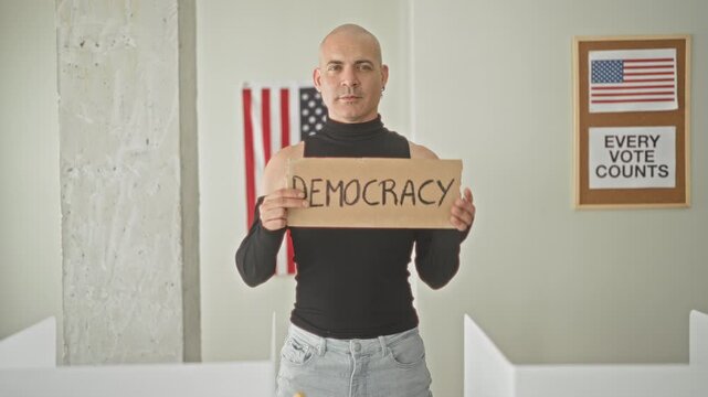 Bald man holding cardboard sign reading democracy with hands in a polling station voting area; determination civic duty.