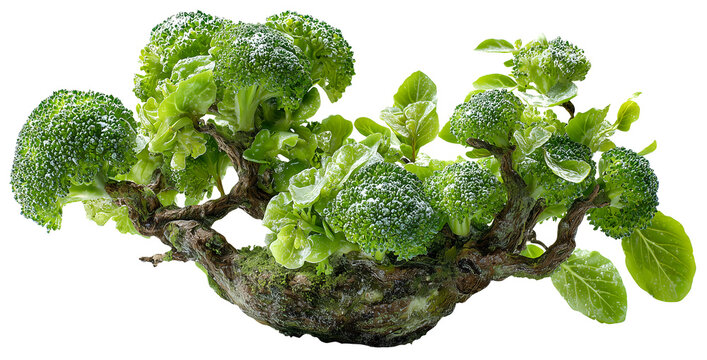 Creative hybrid food mutation combining broccoli and tree branches forms miniature forest, showcasing vibrant green hues and intricate textures., isolated