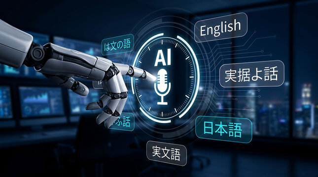 Robot hand pressing AI voice translation button in futuristic digital interface