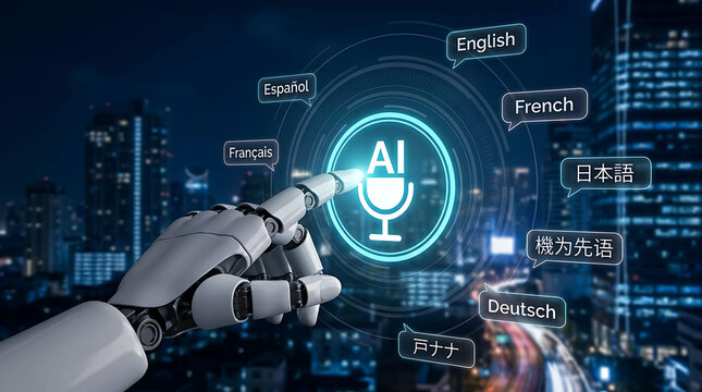 Robot hand pressing AI voice translation button with global languages floating