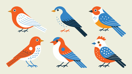 Obraz premium Set of colorful stylized birds in flat vector design, collection of cute small birds with various patterns and bright colors for graphic projects