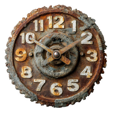 Rustic clock face crafted from weathered circular saw blade, featuring bold numbers and distressed finish. industrial design evokes sense of vintage charm and rugged durability., isolated