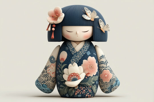  Japan National Kokeshi doll in blue kimono with a pattern of pink clouds and butterflies
