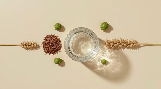 Barley grain hop water still life with warm sunlight and natural shadow detail