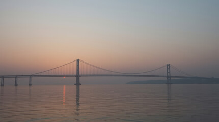 Obraz premium Suspension bridge over calm water beneath hazy sunset sky