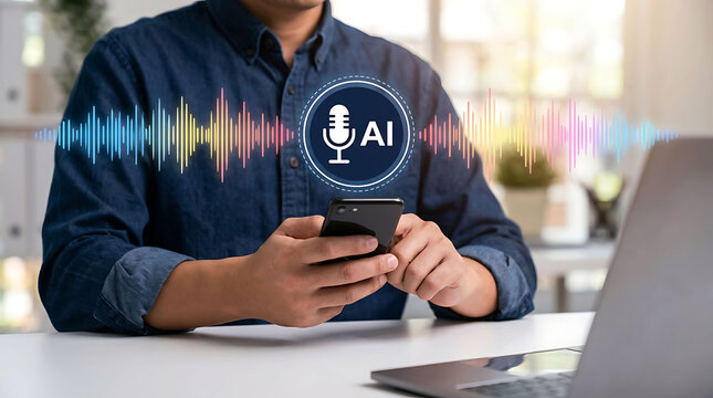 Man using smartphone with AI voice assistant hologram and digital audio wave