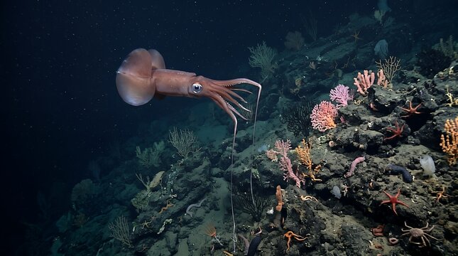 Bigfin squid in a realistic seamount ecosystem representing deep-ocean biodiversity.