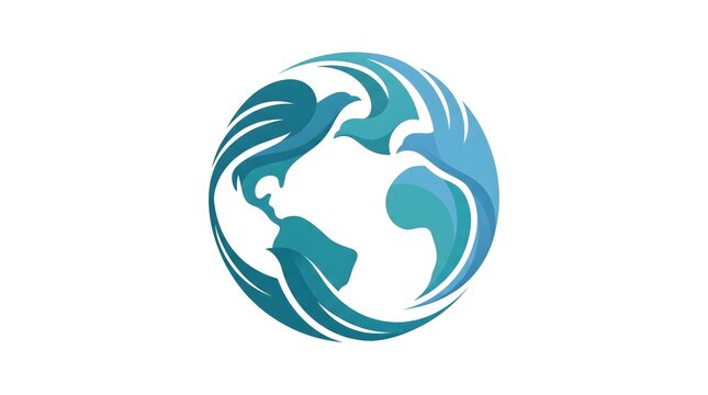 A creative circular logo concept combining silhouettes of flying peace doves and abstract waves to form a global world map symbol