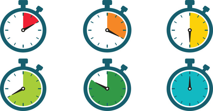 Stopwatch Timer Icon Set Showing Different Elapsed Time Intervals in Red Orange Yellow Green and Cyan Colors for Countdown Clocks, Fitness Trackers, Speed Deadlines, and Productivity Apps