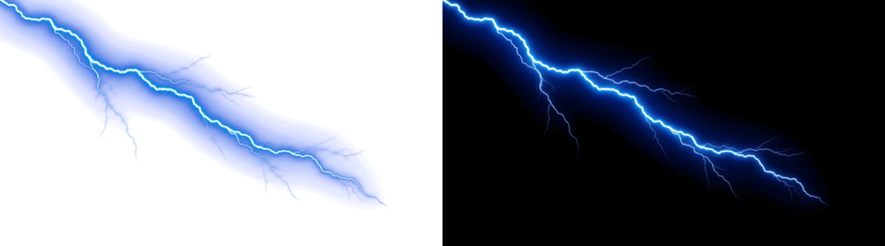 Blue lightning bolt with realistic electric storm branches perfect for weather designs including PNG, Transparent and Black Background Versions