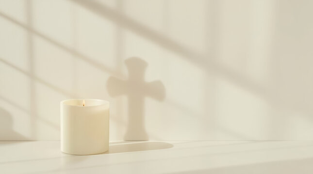 Candle Christian cross sunlight shadow minimal holiday decor creates peaceful spiritual