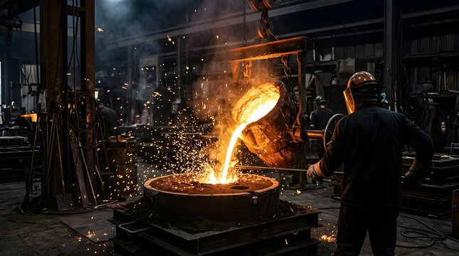 Worker pouring molten metal from a crucible into a mold in a foundry