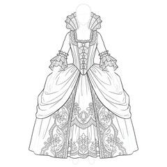 Fototapeta premium Hand drawn sketch of Fontange era baroque dress. Front view.