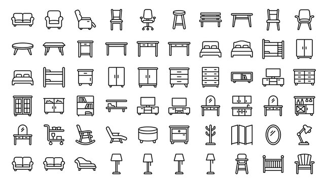 Furniture Outline Icon Set with Editable Thin Line Strokes Featuring Chairs Tables Sofas Beds Cabinets Shelves and Home Interior Elements