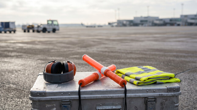 Airport ground handling equipment setup featuring noise cancelling ear defenders, signal batons, and yellow safety vest placed on an aluminum flight case.