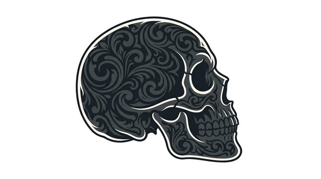 Intricate skull vector side view with ornamental floral patterns