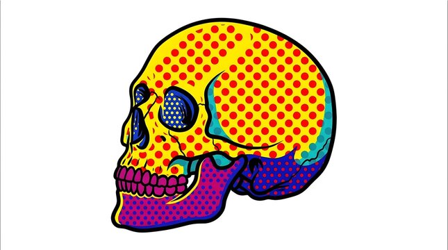 Pop art human skull vector side view with colorful halftone dots
