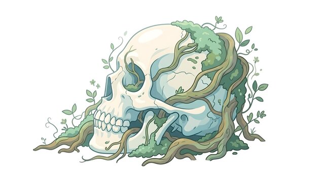 Human skull vector side profile with overgrown green vines