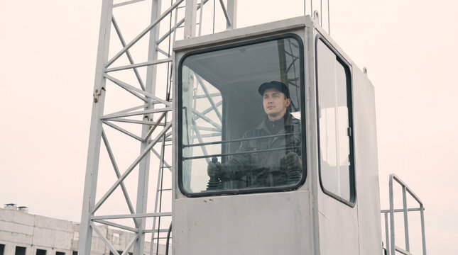 Tower crane operator wearing a safety helmet and work coat sitting inside the glass cabin of a high crane overlooking a city construction site.
