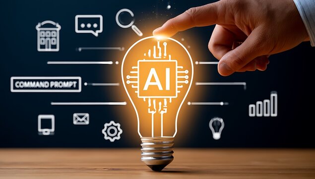 Artificial intelligence or AI of futuristic technology concept, Lightbulb on table with finger point on top, Internet of Things, futuristic innovation, smart communication network.