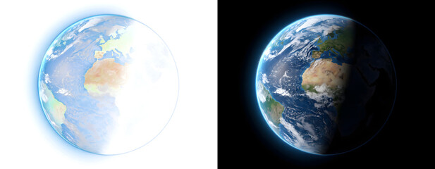 Realistic planet earth globe with glowing blue atmosphere showing continents and day night transition perfect for global designs including PNG, Transparent and Black Background Versions © Crafter