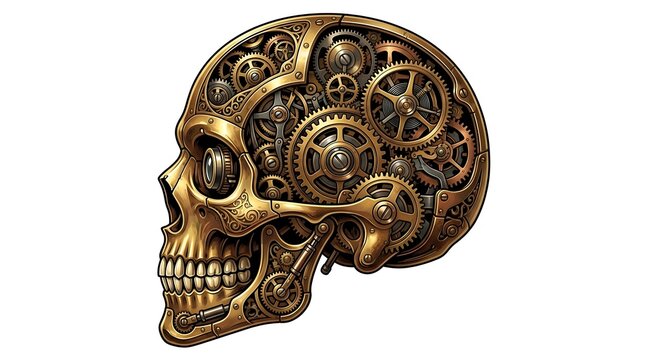 Mechanical steampunk human skull vector side profile with gears