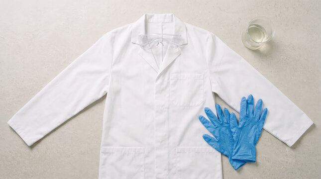 Medical lab coat, clear protective safety glasses, and blue nitrile gloves laid out neatly on a clean floor. Cleanroom and laboratory PPE setup.