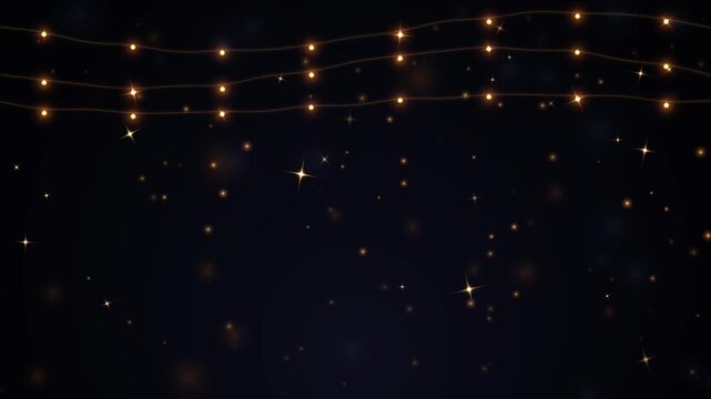 Glowing string lights hanging with sparkling gold bokeh particles on a dark background for festive holiday celebration and romantic party mood decoration 4k Motion Video