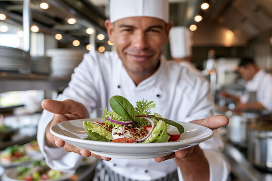 Chefs present vibrant salad with fresh greens and colorful toppings. Smiling chef shares dish in bustling professional kitchen. Warm lighting highlights the chef's pride and care