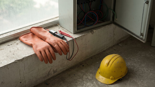 Yellow hard hat, long rubber chemical gloves, and a voltage tester placed on a concrete window ledge in an industrial construction building.