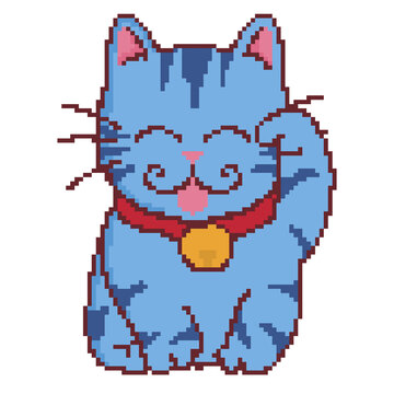 Blue lucky cat maneki neko fortune handdrawn pixel art