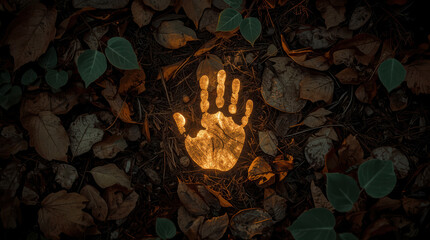 Obraz premium Glowing handprint among autumn leaves creates mysterious forest scene
