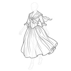 Fototapeta premium Action pose sketch of pastoral dress with fichu. Ink illustration.