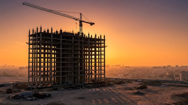 Un immeuble chantier en construction avec grue au coucher du soleil dans une grande ville en expansion