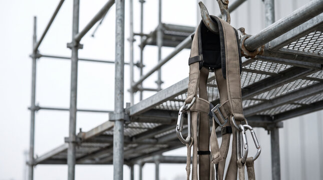 Full body safety harness and lanyard with carabiner hooks hanging on metal scaffolding at a construction site. Fall protection equipment concept.