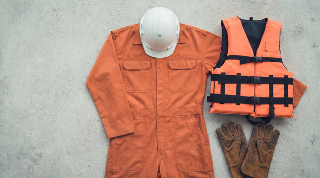 Flat lay of emergency or offshore safety equipment featuring work coveralls, life jacket vest, hard hat, and leather work gloves on concrete floor.