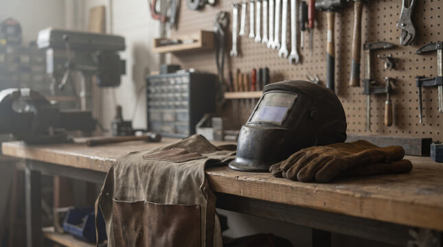 Welder personal protective equipment including welding helmet, leather gloves, and protective apron resting on a wooden workshop bench. PPE setup.