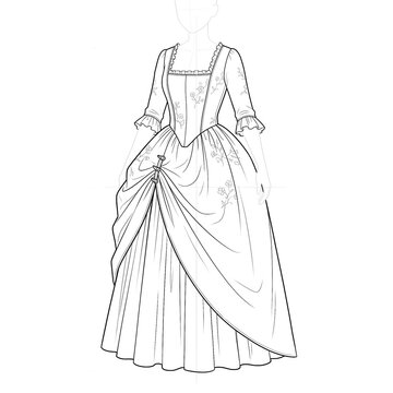 Hand drawn sketch of asymmetric draped pastoral dress. Front view.