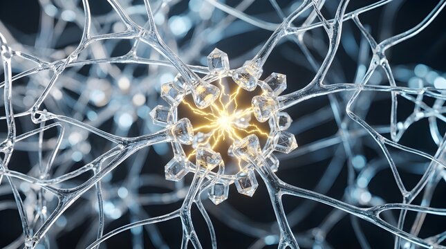Abstract 3D glass neural network synapse ring with glowing electrical central spark