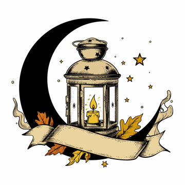 Vintage lantern illustration with crescent moon, candle, stars, oak leaves, and banner