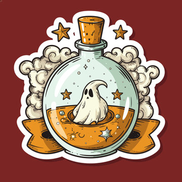 A whimsical cartoon sticker of a cute ghost floating in a magical potion bottle with stars and clouds.
