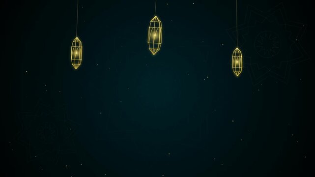 Three glowing gold crystal lanterns hanging in the dark night sky with soft light beams and magical atmosphere for festive celebration and spiritual decoration design 4k Motion Video