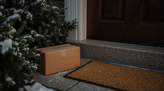 Winter parcel delivery at dark wooden doorstep with snowy evergreen branches nearby