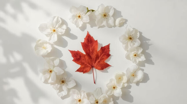 Red maple leaf white blossom wreath patriotic composition