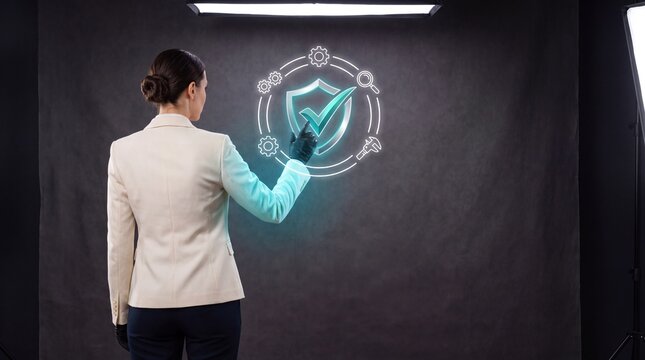 Professional female analyst touches a glowing virtual security shield interface with neon blue checkmark symbols on a dark gray backdrop using a clean modern style