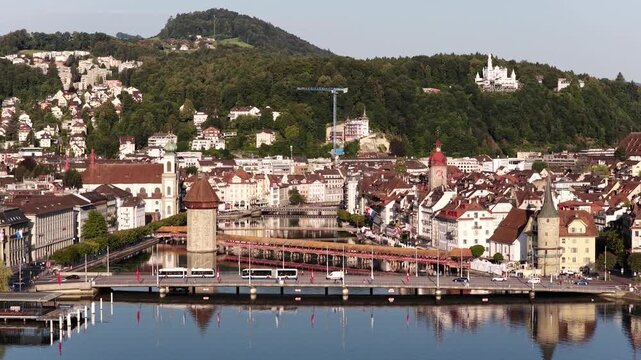 Chapel Bridge Kapellbr&uuml;cke crossing the Reuss River in Lucerne, Switzerland aerial drone