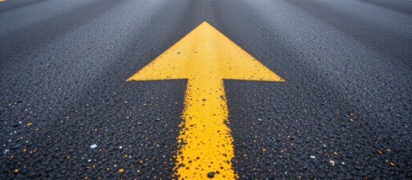 Yellow arrow painted on asphalt road pointing forward direction.